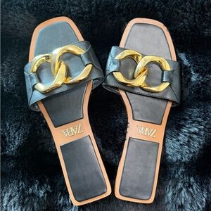 Zara Black Slide Mules with Gold Chain. Size 9